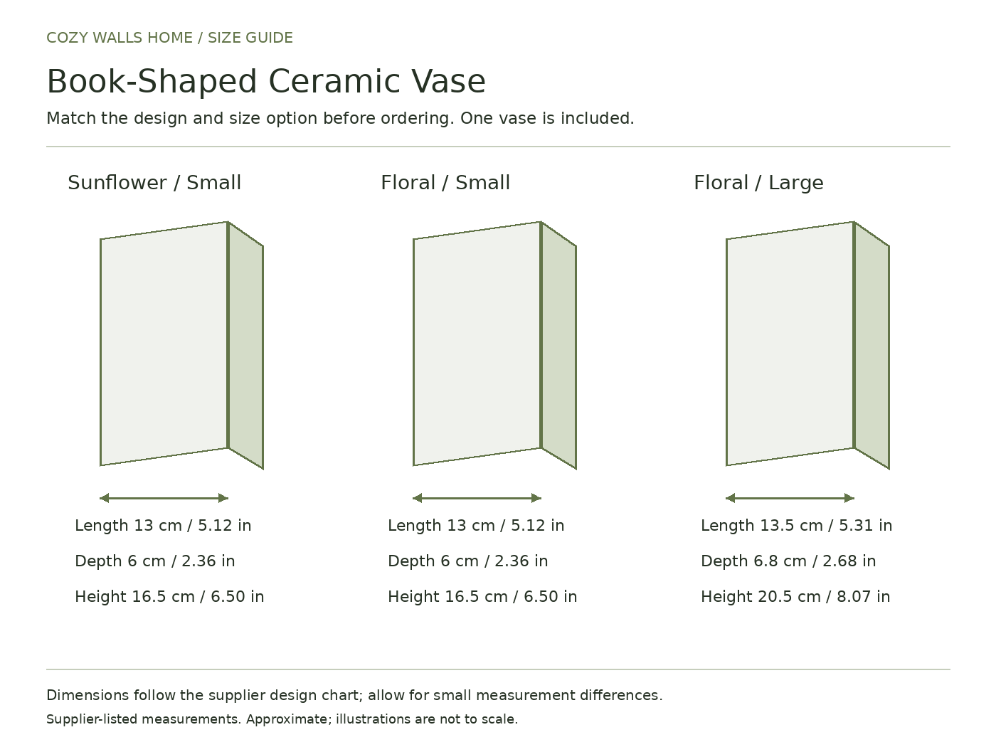 Book-shaped ceramic vase size guide
