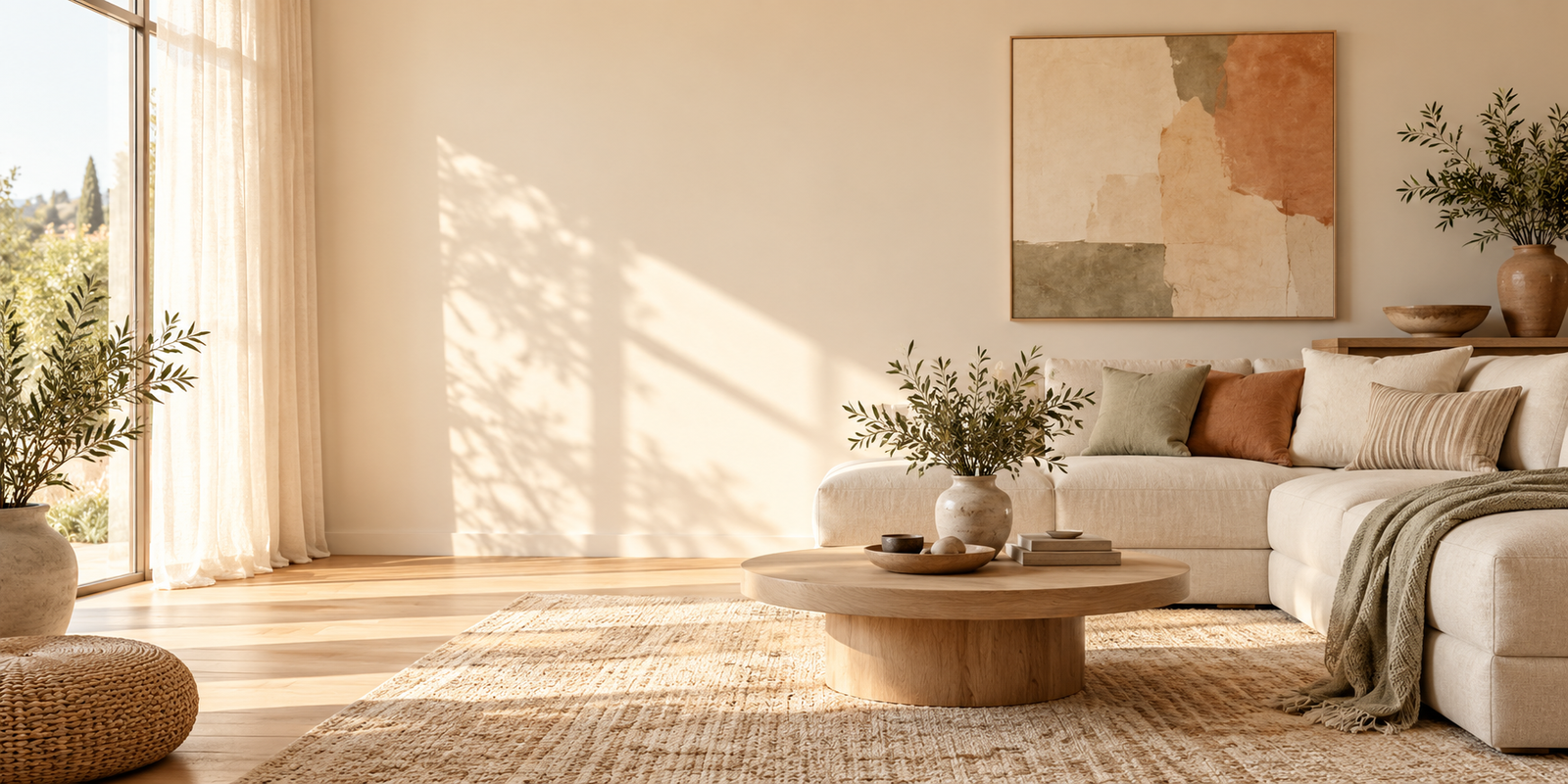 A sunlit room layered with warm wood, neutral tones, and soft textures