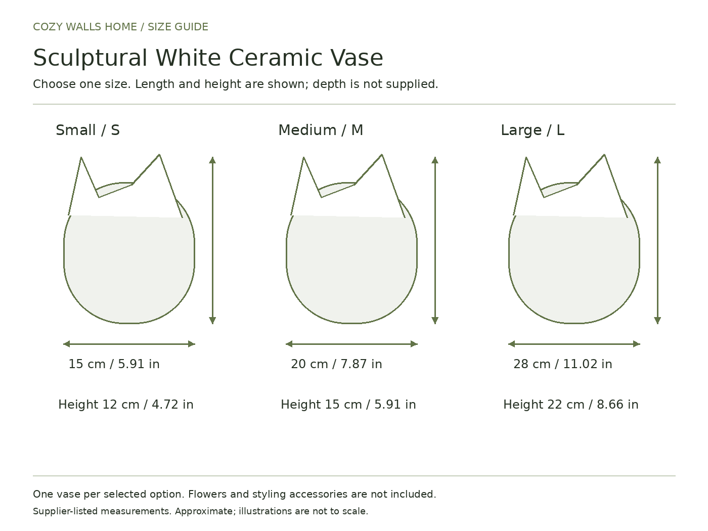 Sculptural white ceramic vase size guide